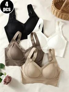 4-Pack Women's Seamless Wireless Sports Bras, Soft Cup Yoga Bras, Medium Support, Adjustable Straps, Detachable Pads, All Seasons