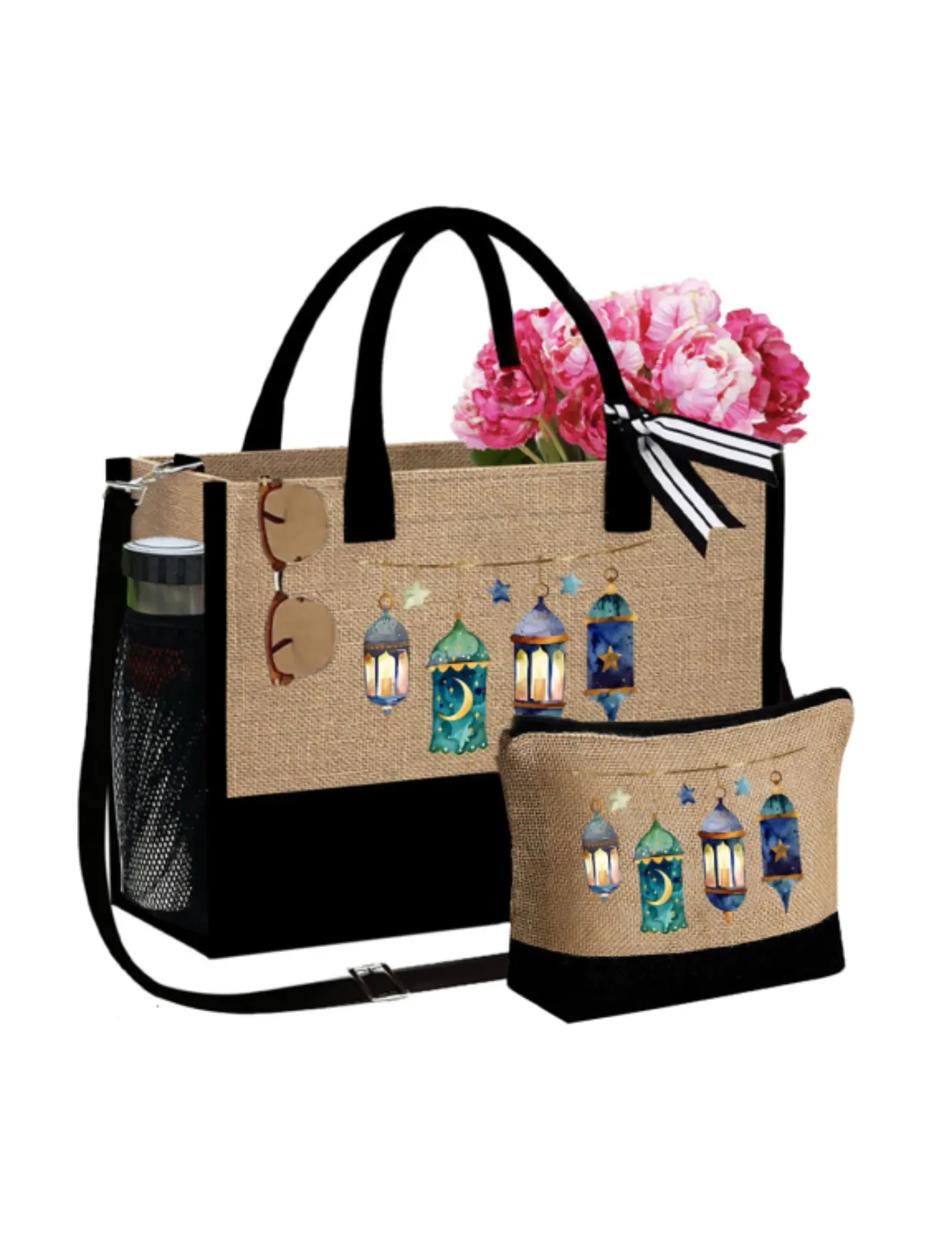 Eid Al-Fitr lantern print bag set with makeup bag and hat. Includes zipper purse, toiletry bag, lunch bag and backpack. Versatile for school, travel and beach use, spacious enough for textbooks.