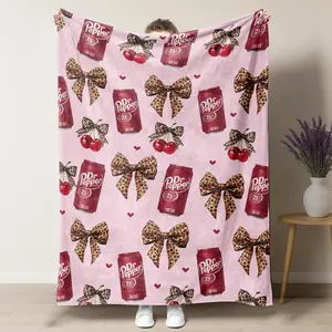 Dr Pepper Flannel Leopard print bow Throw plush Blanket cozy soft fluffy blanket decorative giftable soft fleece blanket figure print slogan reversible fluffy cooling bath