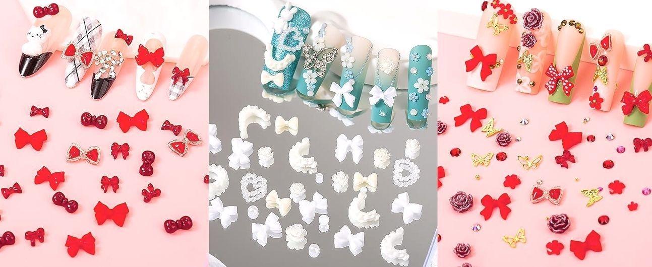 8000pcs 3D Nail Charms and Nail Gems, Cute Nail Rhinestones and Charms Y2K for Nails Nesign, Variety Butterfly Bow Moon Star Flower Junk Case Charms Gold Pearls Nail Jewels for Nail Art Decorations