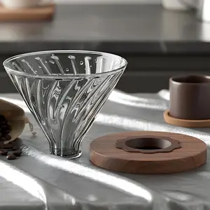 Glass Coffee Dripper Filter, Reusable Coffee Filter, Cone Glass Pour over Coffee Dripper with Walnut Stand, 1-2 Cup Drip Coffee Maker for Home & Office
