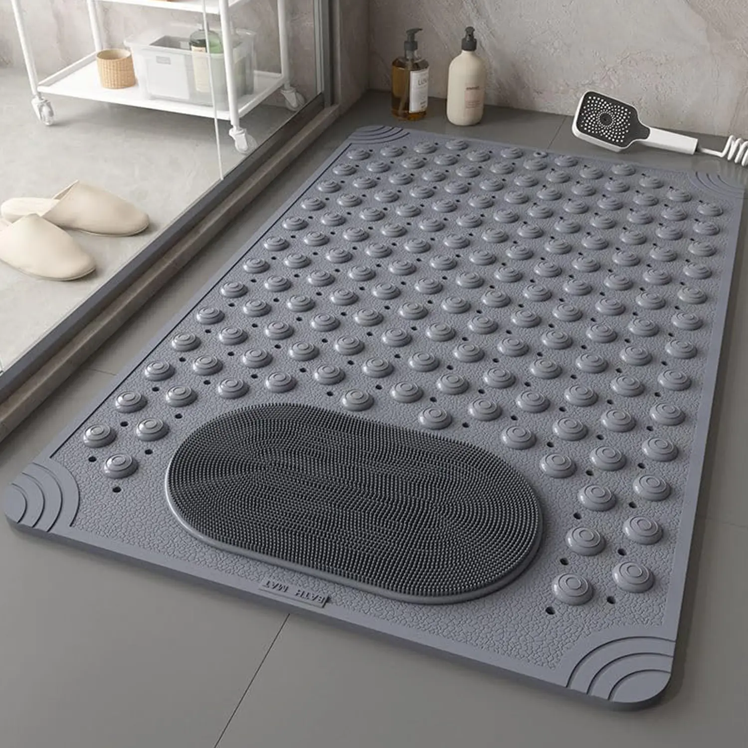 Rectangle Non-Slip Synthetic PVC Shower Bath Mat - Home Supplies Bathroom Accessory Bath Rug, Stable Durable Antibacterial Waterproof with Suction Cups, Perforated Quick-Drainage Surface, Textured Massage Design