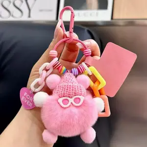 Plush Keychain Rabbit Fur Small Coal Ball Bag Charm, Ugly Thing Plush Toy Pendant, Car Key Ring, Fluffy Keychain, Bead Color Random, Car Key Chains