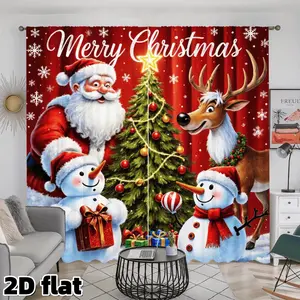 2D Flat 2Pcs Festive Christmas Holiday Window Curtains Santa Snowman Reindeer Print Rod Pocket Design Semi Sheer Polyester Fabric Theme Panels Suitable for Living Room Bedroom Balcony Party Winter Decor Curtain