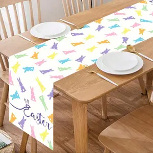 1 Piece Easter Colorful Tablecloth/Table Runner with Tulips and Easter Eggs Adorned with Cute Rabbits, Spring New Design Table Runner, Spring Home Decor Tablecloth, Durable Polyester Material, Suitable for Dining Room, Living Room, Kitchen, TV Cabinet, an