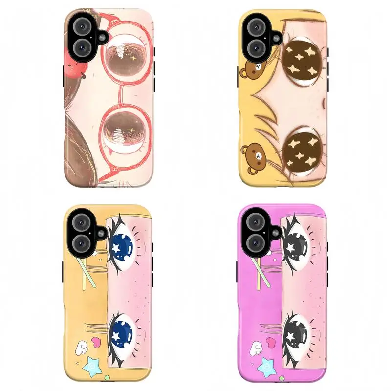 Dreamy Glitter Big Eyes Anime Girl Smartphone Casing, Kawaii Pink-Yellow Manga Art Tough Cover, Cute Gift, Phone Accessories for iPhone 11-17 Pro Max/Plus & Samsung Galaxy S23-25 Cellphone Devices