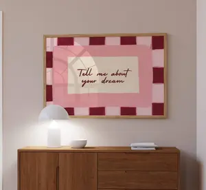 Tell me about your dream Pink Bed Print, Horizontal Above Bed Wall Art, Hand drawn Mid Century Bedroom Poster, Retro Typography Stay in Bed