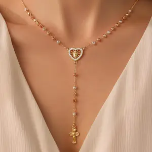 Loyalove&Tewiky Virgin Mary Cross Necklace for Women gold Lyaered Cross Beads Necklace Women jewelry Religious Gift for Confirmation Baptism First Communion Fashion Valentine's Day Gift