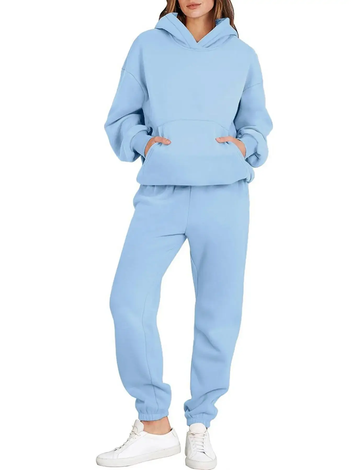 Ladies' soft blue two-piece casual hooded sweatshirt and sports pants set, spring and autumn hooded sweatshirt sports set suitable for daily casual wear hooded sweatshirt