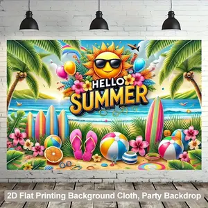 2D Flat Printing Backdrop 1pc, Happy Summer Beach Party Scene Background Cloth Wall Decor, Multipurpose Backdrop Photography Props, for Living Room Bedroom Office Home Decor/ Outdoor Decor/ Studio