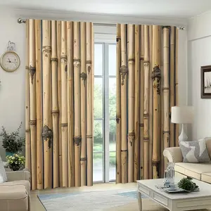 2 Piece Bamboo Print Curtains, Fashionable Rod Pocket Window Drapes for Bedroom and Living Room, Comfortable Atmosphere, Easy Installation
