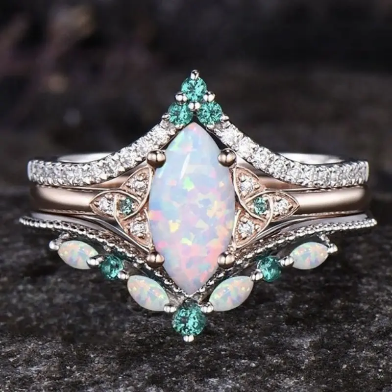 3-piece set of women's new spring luxury two-tone personalized stackable rings, inlaid with synthetic opal, women's jewelry, Valentine's Day gift for wife earring women