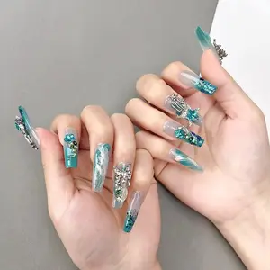 S45 Hand-worn nail mint explosive detachable, advanced elegant style  Press-On Nails Gel Extension Acrylics Rhinestone Glue