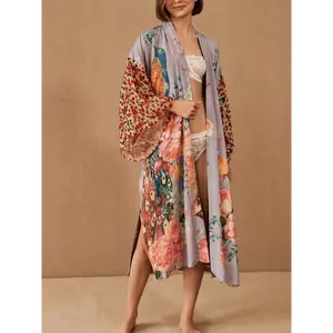 Women's Long Open Necked Beach Tie Up Hoodie with Peacock Pattern Positioning Printing Vacation Sun Protection Cardigan Collar Fabric  Floral