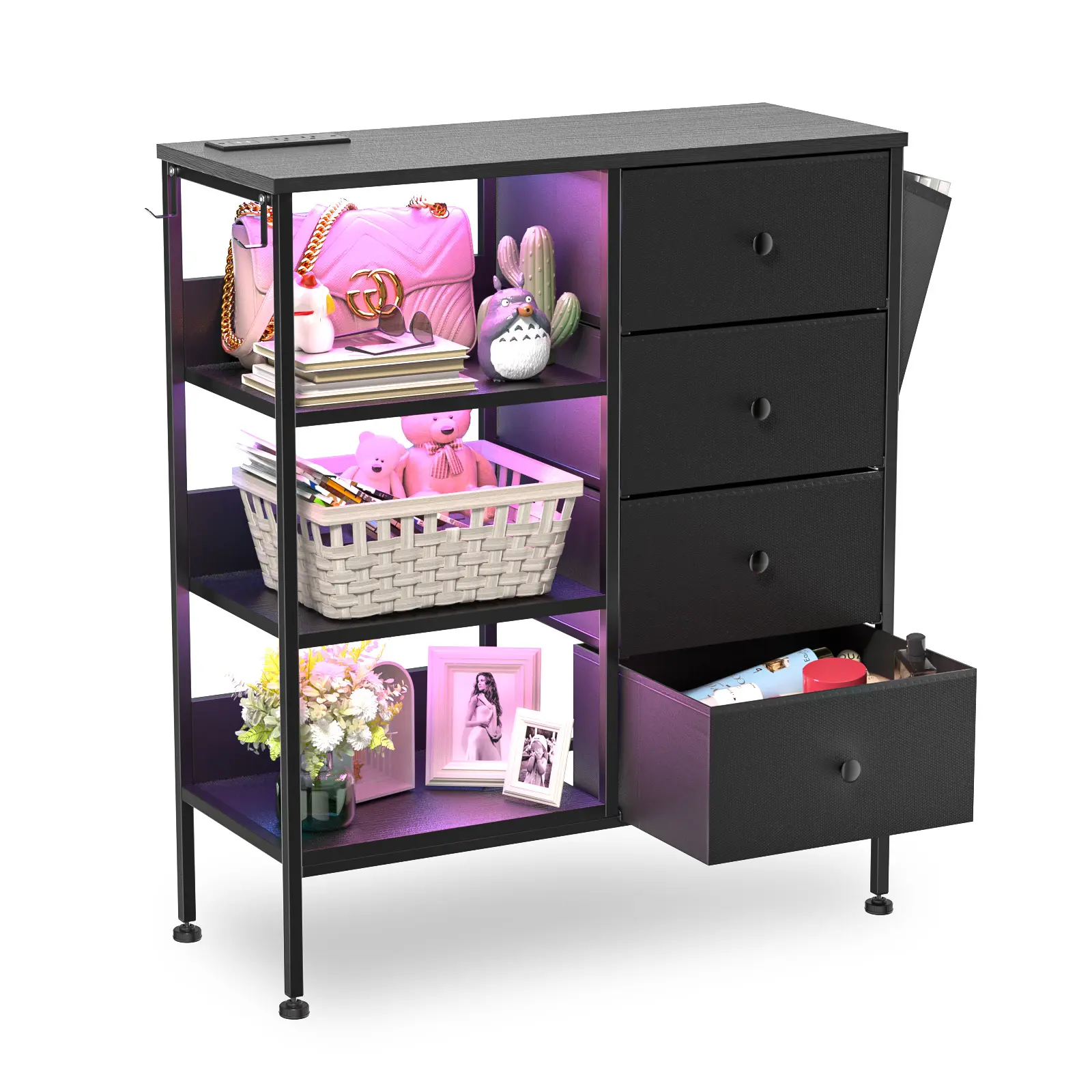 Upgraded Nightstand-with LED&USB Ports(Black)