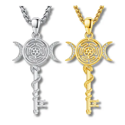 DRINSPER 925 Sterling Silver Retro Key-Shape Hecate's Pendant Necklace - 22"+2" Box Chain, Nickel-Free Hypoallergenic Witchy Jewelry with Cubic Zirconia, Unisex Adult Spiritual Amulet, 3-Month Guarantee, by Dongguanshi Changda Shoushi Ltd.