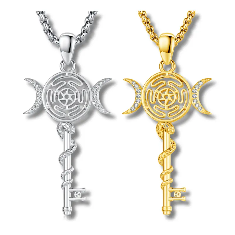 DRINSPER 925 Sterling Silver Retro Key-Shape Hecate's Pendant Necklace - 22"+2" Box Chain, Nickel-Free Hypoallergenic Witchy Jewelry with Cubic Zirconia, Unisex Adult Spiritual Amulet, 3-Month Guarantee, by Dongguanshi Changda Shoushi Ltd.