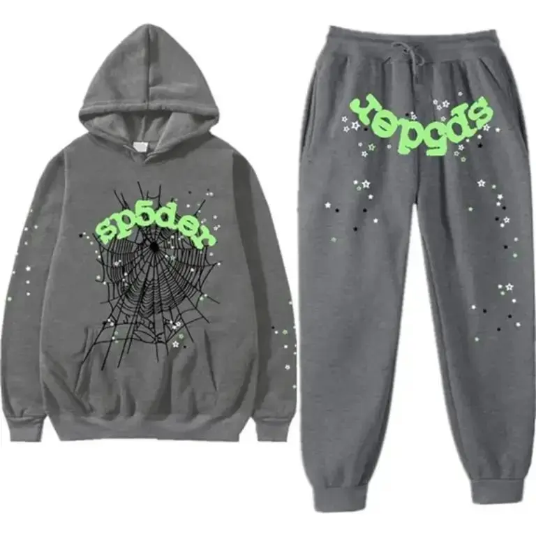 Sp Grey Tracksuit Set – Y2K Spider Web Hoodie & Sweatpants, Unisex Streetwear 2-Piece Outfit, Pullover Hoodie Set, Gift for Him & Her