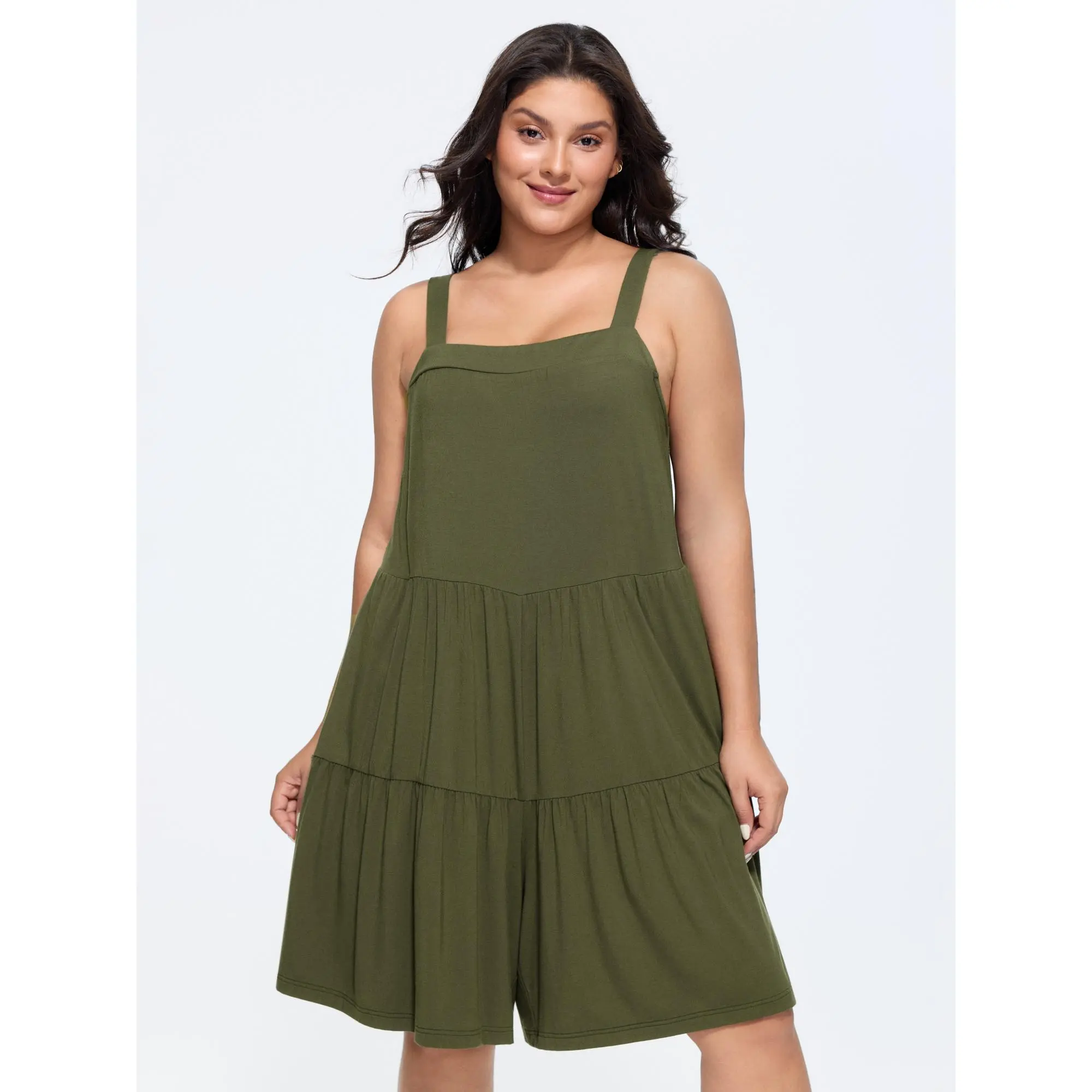 BloomChic Plus Size Casual Sleeveless Overalls, Solid Tiered Design in Supersoft High Stretch Rayon Spandex with Side Pockets, Garment, Fit, Fabric, Rayon Blend