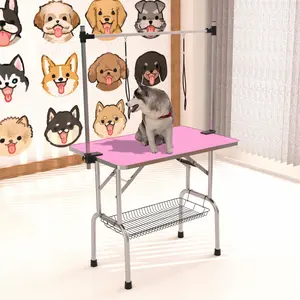 SAVEYOUR 46 Inch Pink Foldable Pet Grooming Table, Heavy Duty Stainless Steel Stable Frame, Anti-slip Rubber Surface Board, Equipped with Adjustable Restraint Arm and Fixed Clamps, Portable Professional Grooming Station for Dogs and Cats