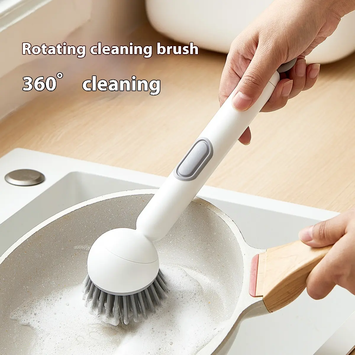 6-in-1 Rotating Cleaning Brush with Detergent Dispenser, 360° Adjustable Angles, Anti-Slip Ergonomic Handle, PET Material for Camp Kitchen Outdoor Tableware, Wall-Mountable for Kitchen Sink Use