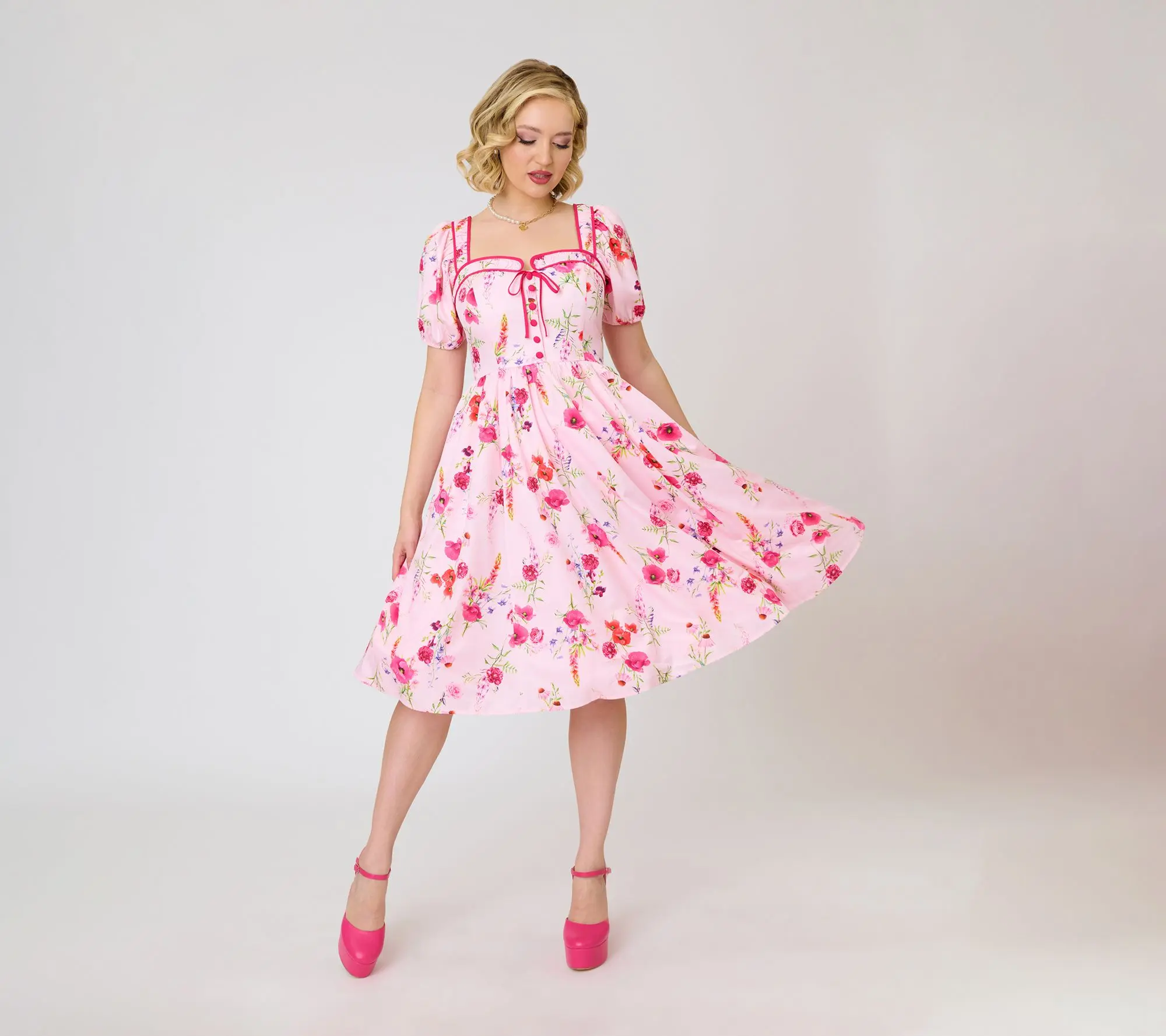 Unique Vintage Pink Floral Button Front Swing Dress