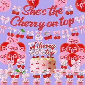 "Summer Fruit Party Decorations, Colorful Cherries Theme Banner, Latex Balloons for Birthday Baby Shower, Reusable Cake Topper, Wedding Bridal Shower Supplies, Festive Decorative Accents" Set Gifts Kit Lollipop