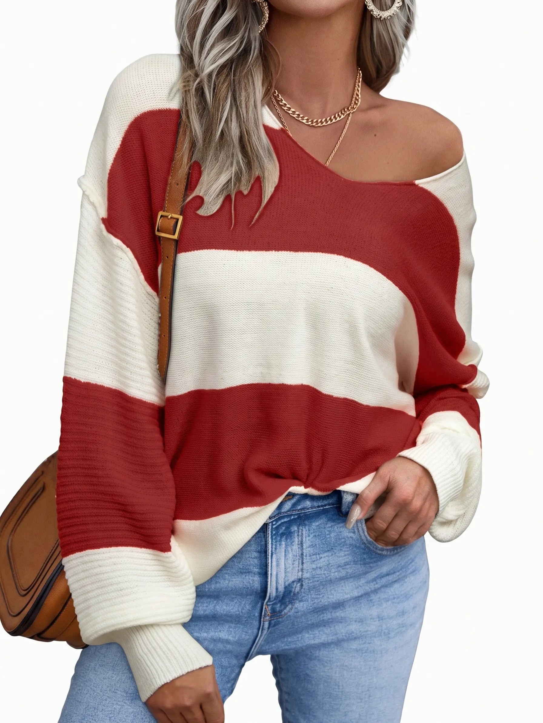 Women's Striped Sweater Oversized Color Block Pullover Drop Shoulder Bubble Sleeve Chunky Knit Fall Tops