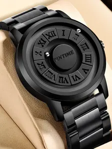 Men's Punk Style Stainless Steel Strap Watch, Waterproof Round Dial Quartz Watch, Fashion Pointer Watch for Daily Wear and Parties