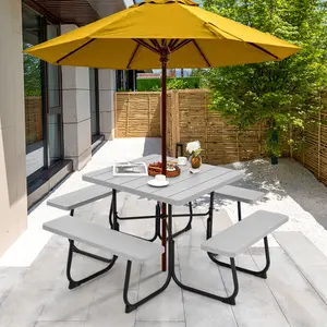 COSTWAY 8 Person Picnic Table, Outdoor Square Picnic Table with 4 Built-in Benches, Umbrella Hole, Metal Frame & HDPE Tabletop, Outside Table and Bench Set for Garden, Backyard, Porch, Patio