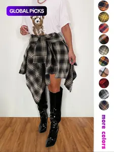 Women's Fashion Woven Plaid Print Asymmetrical Hem High Waisted Fitted Skirt, Summer Clothes Women Casual Elastic Waist Tiered Layer Knee Length Skirt For Summer Going Out Streetwear