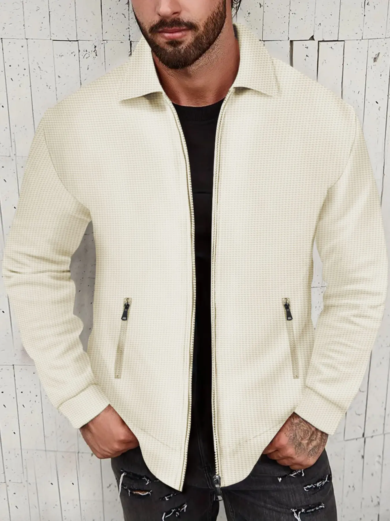 Men's Hooded Zipper Casual Jacket, Comfortable Waffle Texture Outerwear, Practical Zip Pocket, Simple Fashion Daily Commute Top