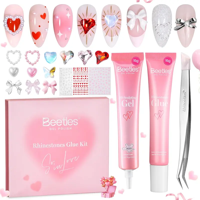 Beetles Valentine's Rhinestones Nail Glue Set - Crystal Glass Rhinestones For Nails art with Nail Brush Gifts for Girls diy salon home gift Easter Nail Design SpringNail VacationNail FestivalNail GraduationNail newyearnewme valentinesday