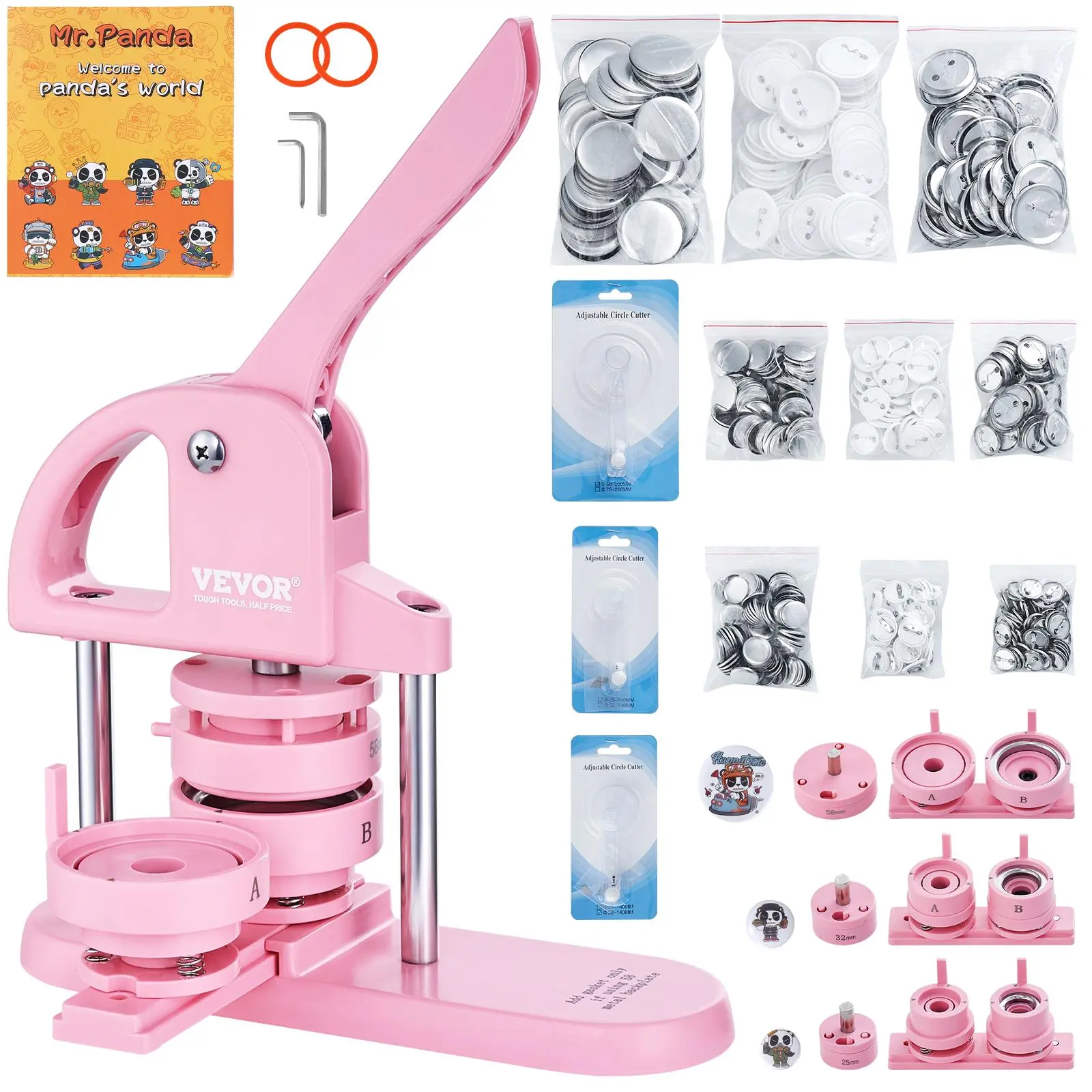 【Summerfinds】VEVOR 3-IN-1 Button Maker,  1/1.25/2.28 inch(25/32/58mm) Pin Maker, 300pcs Button Parts,Button Maker Machine with Panda Magic Book,  Ergonomic Arc Handle Punch Press Kit, For Children DIY Gifts, Pink