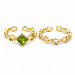 2-Piece Stackable Cubic Zirconia Ring Set, Adjustable Open Gold-Tone Copper Bands with Green Square CZ and Sparkling Accents