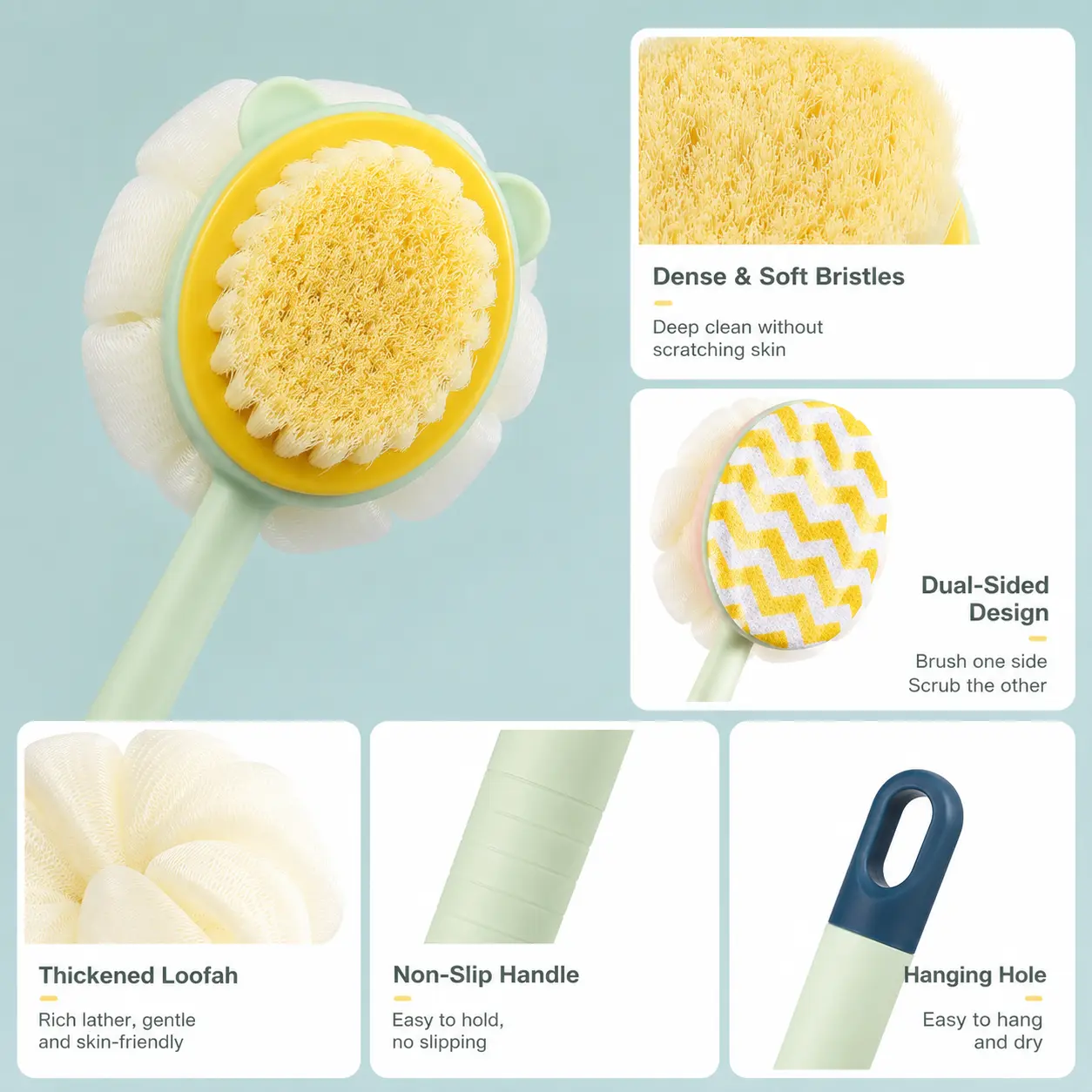 1 Piece Long-Handle Dual-Sided Bath Brush - Skin-Friendly Soft Bristles, Thickened Loofah, Dual-Sided Design, Rich Lather, Adult Shower Deep Clean Accessory for Whole Body Exfoliation, Hanging Use (Deep Cleaning Body Brushes)