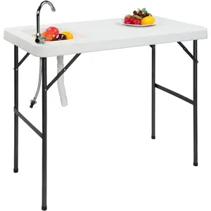 summervibes Karlhome Fish Cleaning Table, Portable Folding Camping Table, 45" HDPE Outdoor Fish Cleaning Station with Sink, 360° Stainless Steel Faucet, Drainage Hose, Working platform for Camping, Food Handling
