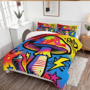 Lightning Mushroom Pattern Bedding Set, Includes 1 Quilt and 1-2 Pillowcases, Soft Bedroom Decor for Kids and Adults, Perfect Gift