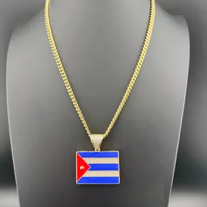 Cuba Flag Necklace with Zirconias 14K Gold Plated Stainless Steel Chain & Hypoallergenic Pendant 5mm Width 22 Inch Length Includes Case & Cloth