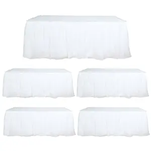 5 Pack Plastic Table Skirts White Ruffled - Durable Disposable Skirts for Events 14ft