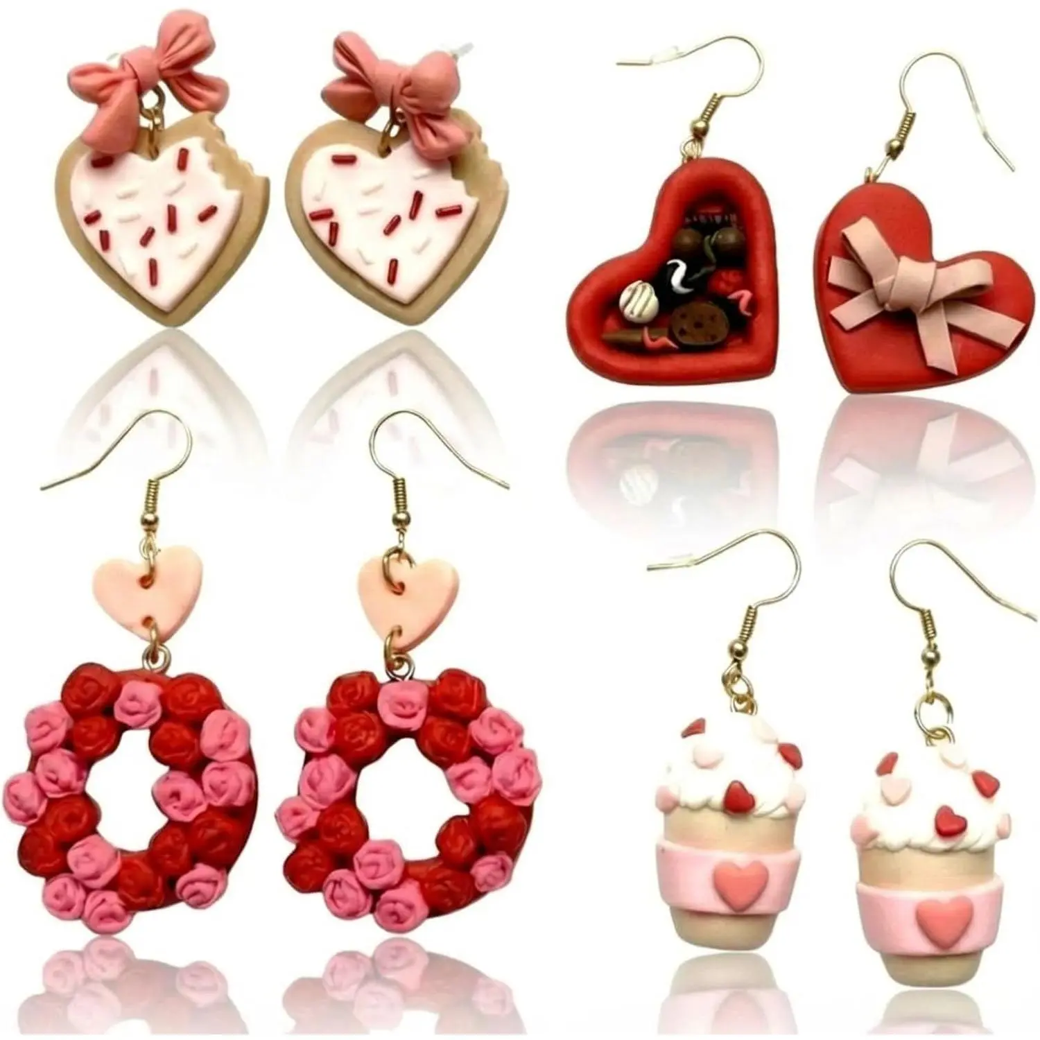 Handmade Polymer Clay Earrings, 4 Pair Set for Women, Cute Valentine's Day Love Heart Jewelry with Cookie Sprinkles & Lifelike Chocolate Designs, Romance, 1.5 - 2.5 Inches, Female