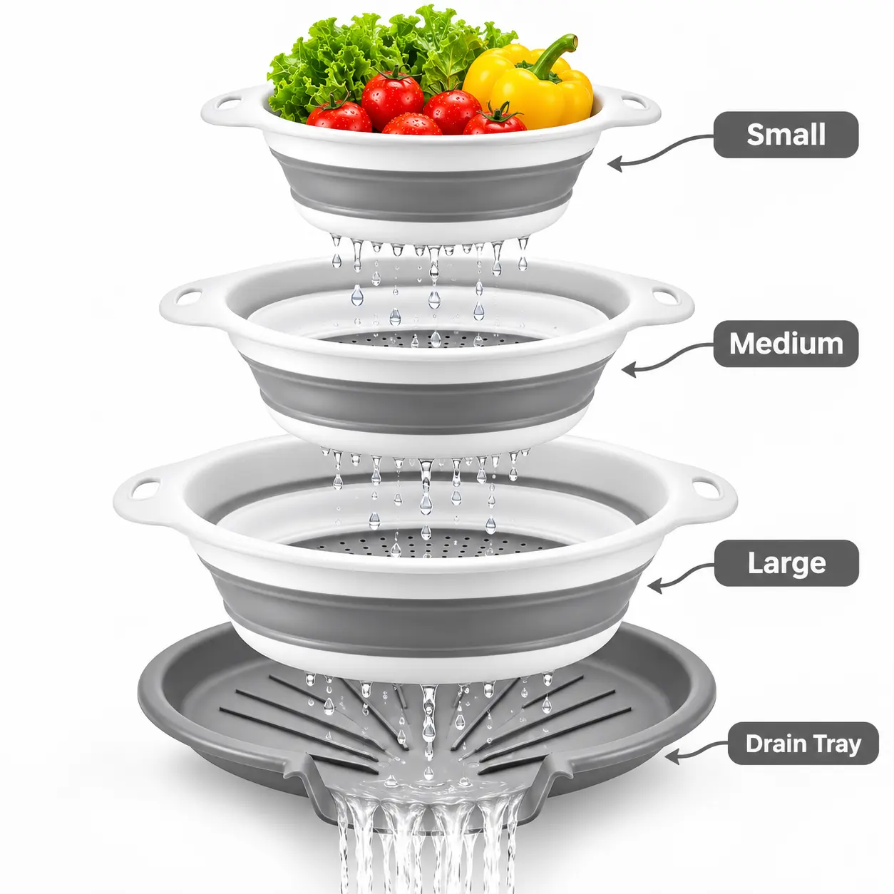 3-Pack Collapsible Colanders and Strainers, Space-Saving Kitchen Strainer Set with Over-Sink Self-Draining Base, 3QT/4QT/5QT for Pasta, Rice, Fruits & Vegetables