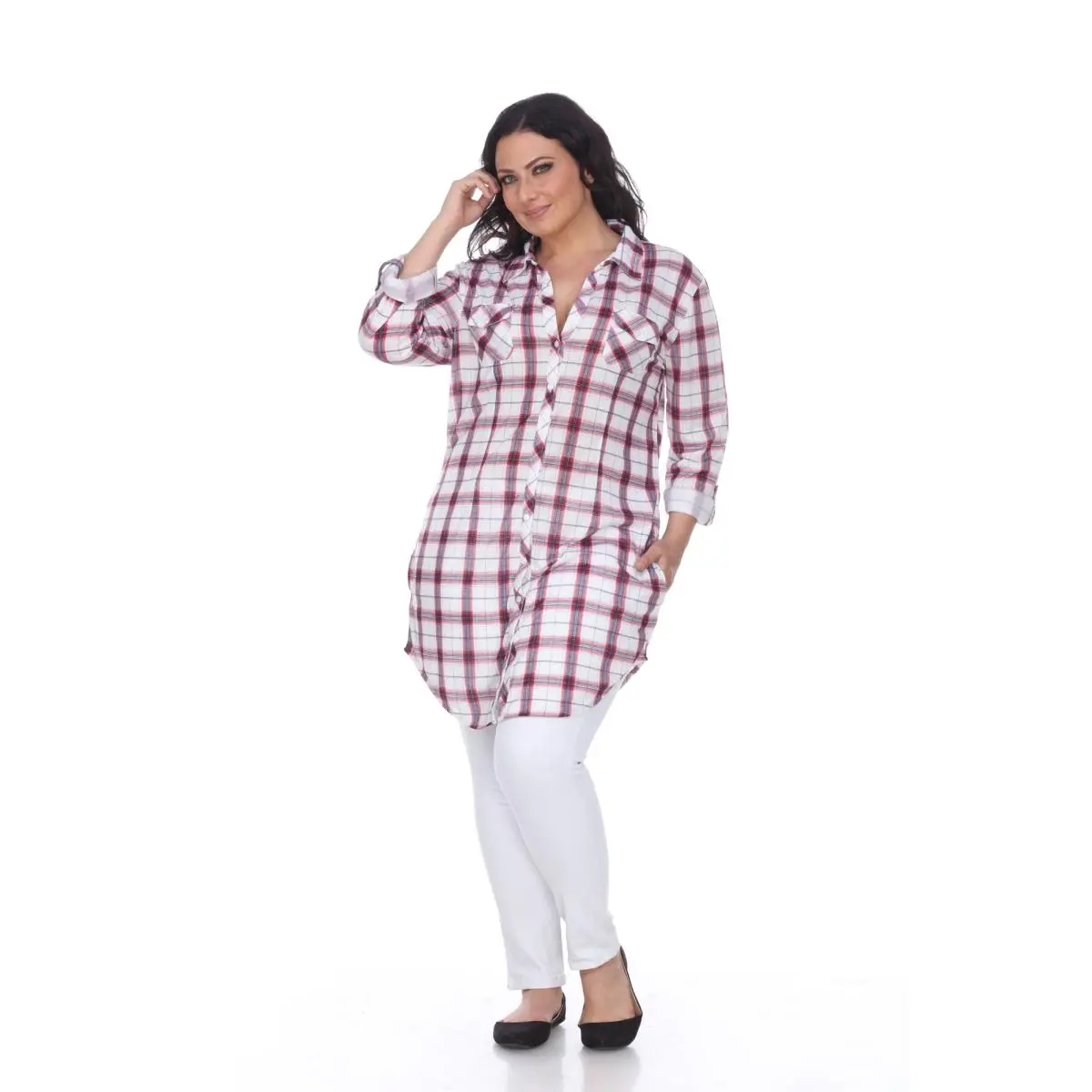 White Mark Plus Piper Plaid Long Sleeve Dog Tunic Dress - 1 Extra Large, Soft Woven Yarn, Lightweight Stretchy Fitted, Button-Front, Cuffed Tabs, Red & White (PS17556-04)