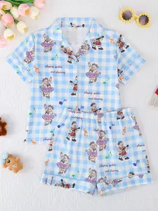 2-Piece Kids' Fire-Resistant Pajama Set, Short Sleeve Button Front Top & Shorts, Cartoon Bear Pattern, All Seasons, Boys & Girls