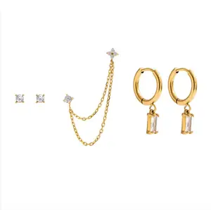 CORONÉ Hoop Tassel Stud Set Three Pairs for Women Stainless Steel Hypoallergenic Tarnish-Free Waterproof