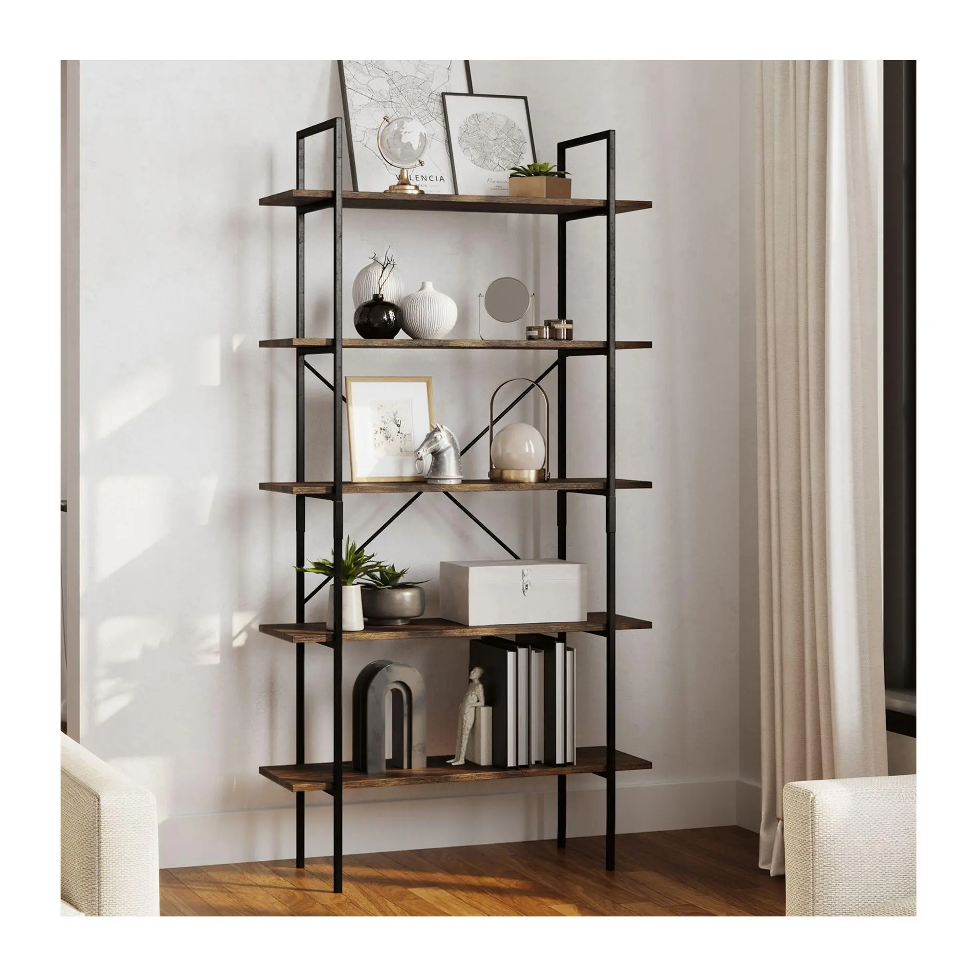 Lavish Home 5-Tier Bookshelf Open Industrial Style Bookcase