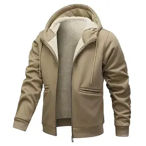 Men's Khaki Fleece Lined Hooded Jacket - Sherpa Lining, Zipper Pockets, Warm Fall Winter Everyday Outdoor Coat