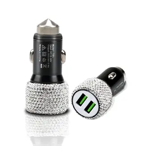 Diamond-Embedded Car Hammer USB Charger, Multi-Function Dual Charging Adapter, Safe USB Charging Head, Front and Rear Set