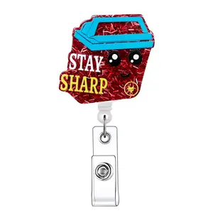 Stay Sharp Letter Pattern Retractable Badge Reel, 1 Count Cartoon Design Acrylic ID Holder with Clip, Badges & Supplies for Nurses Doctors Students Office Staff, Badge Reels Retractable