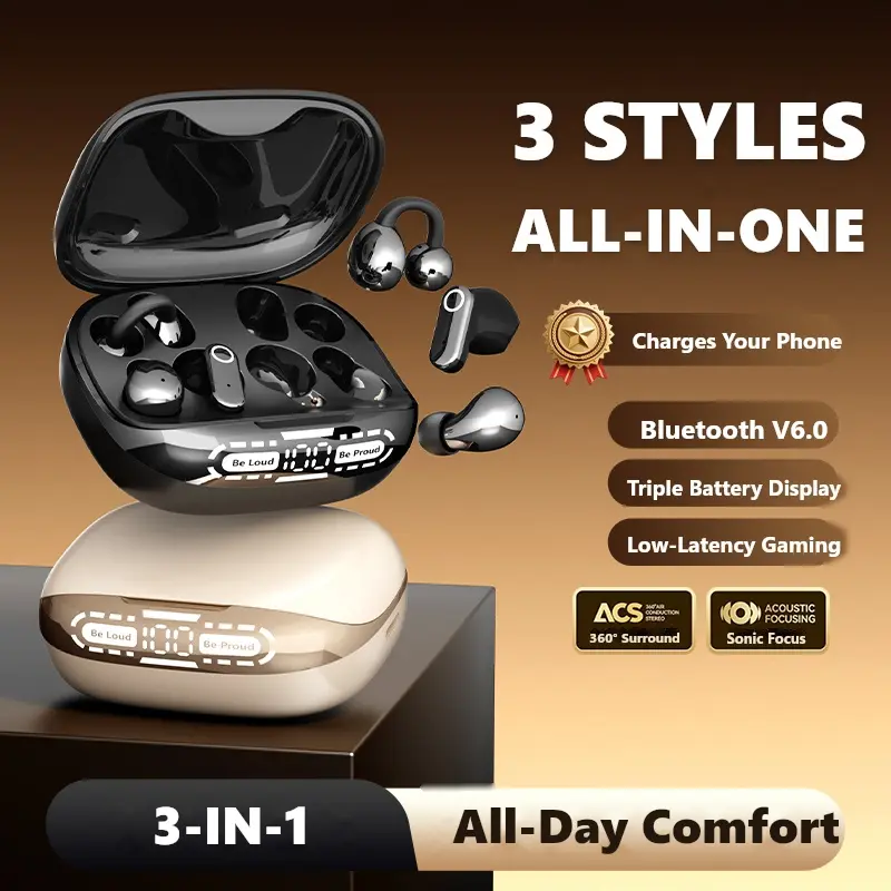 Q116 3-in-1 Wireless Bluetooth Earbuds - Clip-On, In-Ear, Sleep Headphones with Reverse Charging Case, Emergency Phone Charger